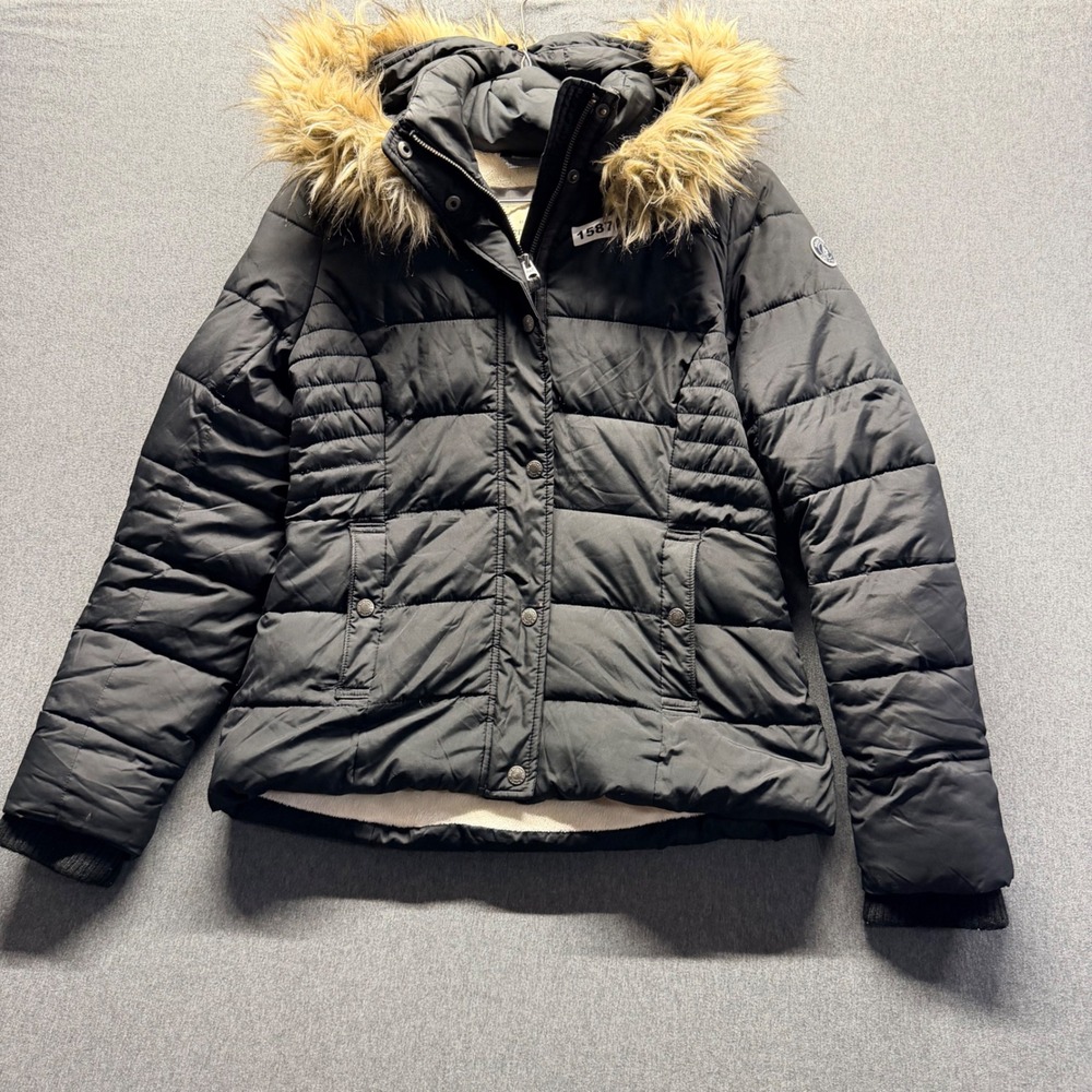 Abercrombie & Fitch Women Black Puffer Jacket Faux Fur Hood Shearling Lined M